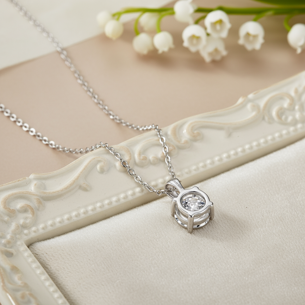 Back detail of Dewdrop Glow moissanite pendant necklace showing sterling silver setting and craftsmanship, Lilies of the Valley UK