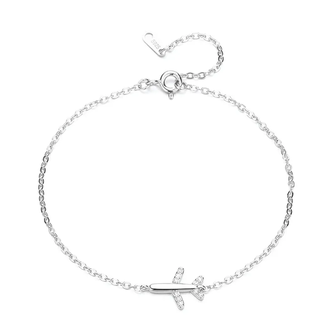 Travel Vine Bracelet - Sterling Silver Adjustable Chain with Airplane Charm