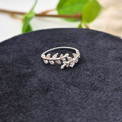 Silver leaf ring UK close up — Olive Whisper adjustable CZ olive leaf ring in 925 sterling silver — Lilies of the Valley