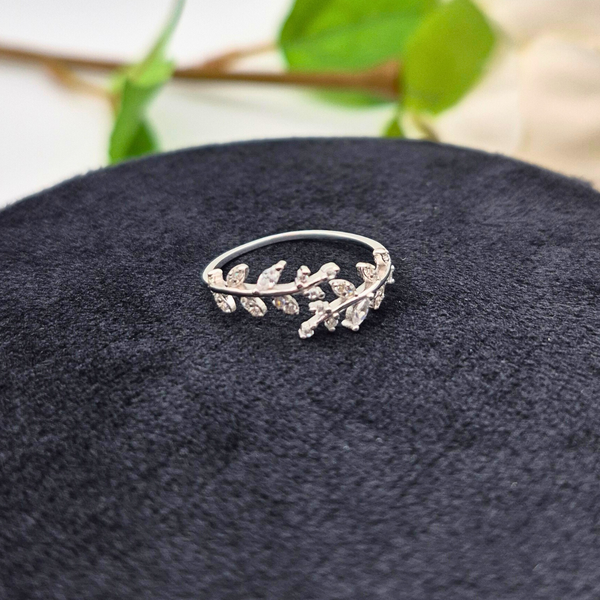 Silver leaf ring UK close up — Olive Whisper adjustable CZ olive leaf ring in 925 sterling silver — Lilies of the Valley