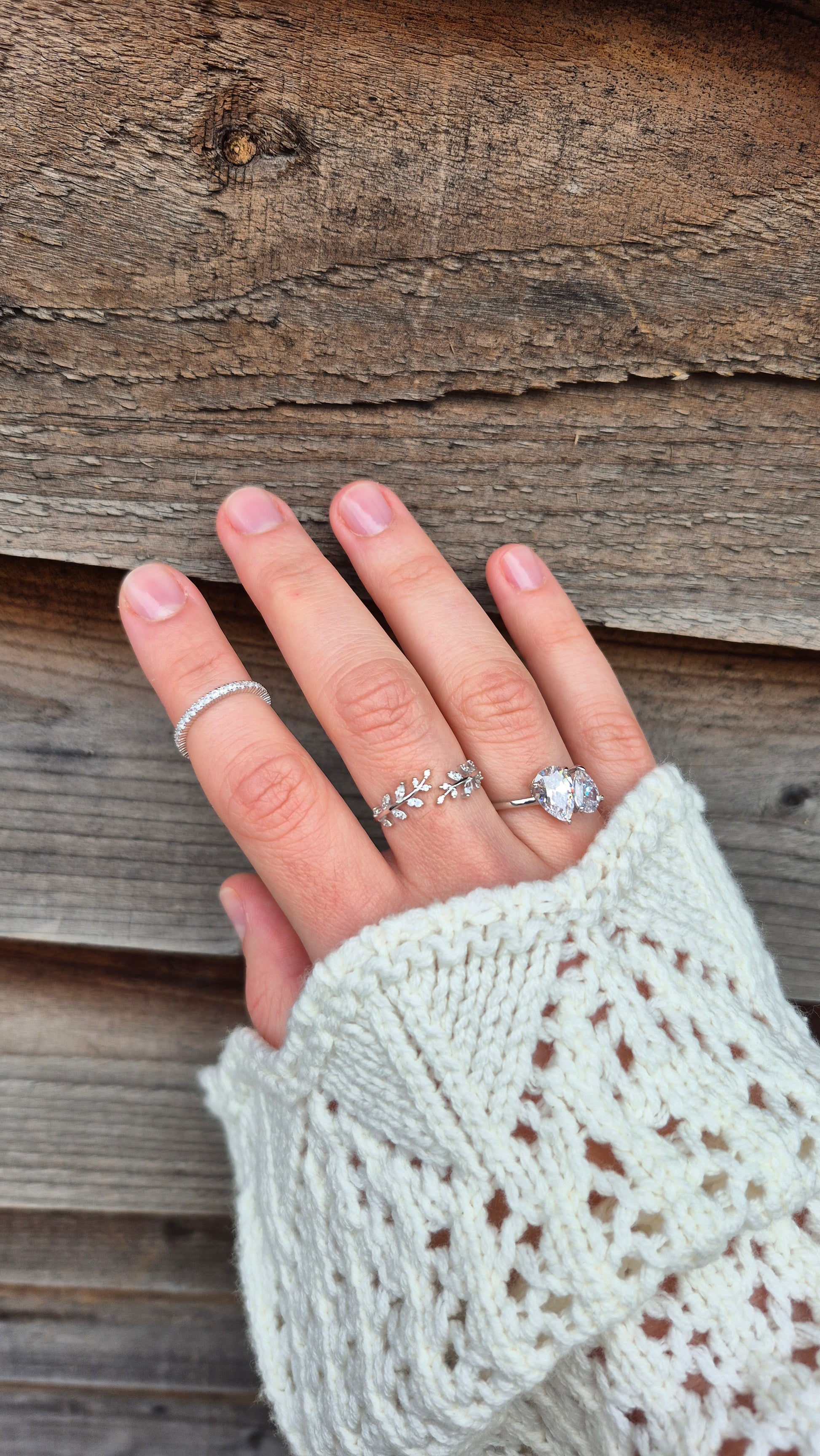 Olive Whisper silver leaf ring UK layered ring styling — adjustable CZ olive leaf design in 925 sterling silver — Lilies of the Valley