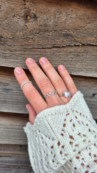 Olive Whisper silver leaf ring UK layered ring styling — adjustable CZ olive leaf design in 925 sterling silver — Lilies of the Valley