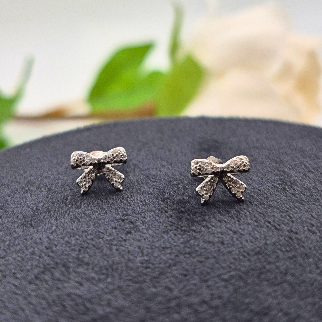 Diamond Blossom Bow - Sterling Silver Bow Stud Earrings