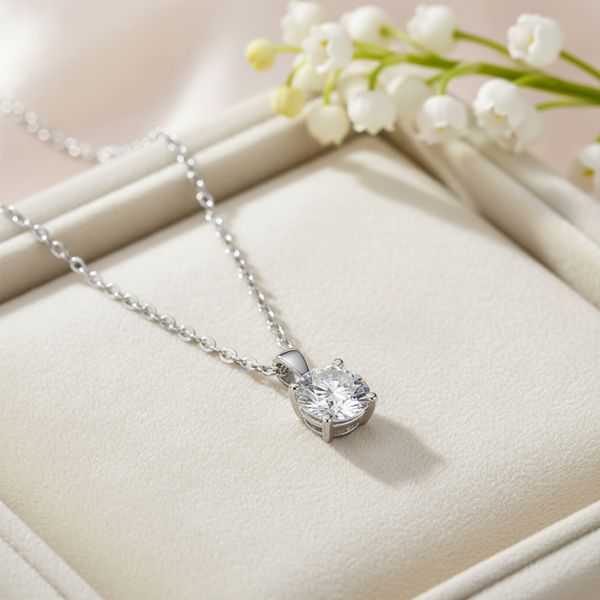 Close up detail of Dewdrop Glow round cut moissanite pendant necklace in 925 sterling silver, Lilies of the Valley UK
