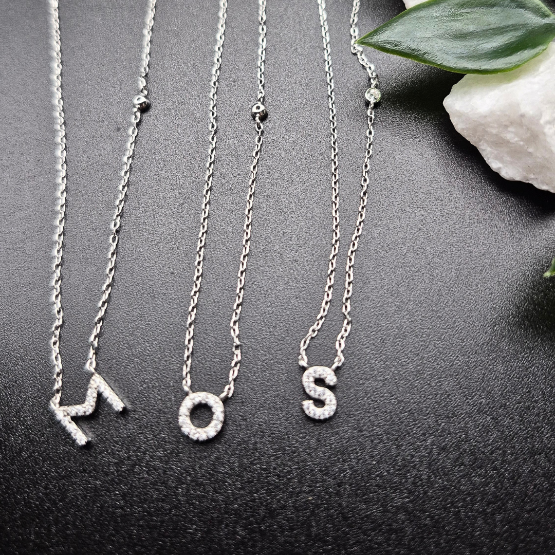 Personalised sterling silver initial necklaces letters M O S with cubic zirconia UK — Lilies of the Valley