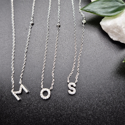 Personalised sterling silver initial necklaces letters M O S with cubic zirconia UK — Lilies of the Valley