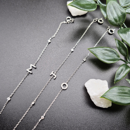Personalised sterling silver M, J, O initial bracelet with cubic zirconia letter charm UK — Lilies of the Valley