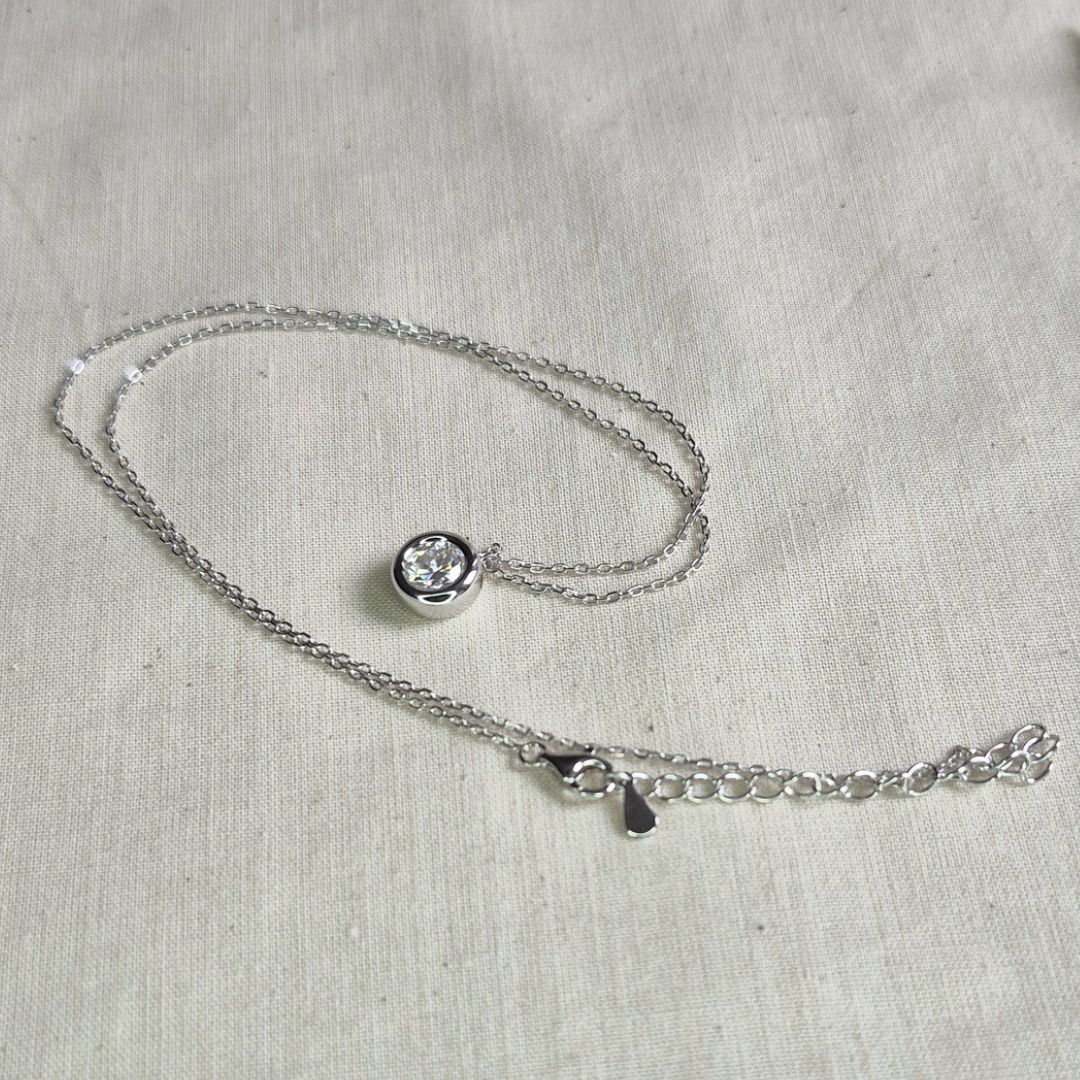 Moissanite Necklace plated in 18k White Gold — Moonlit Bezel Pendant