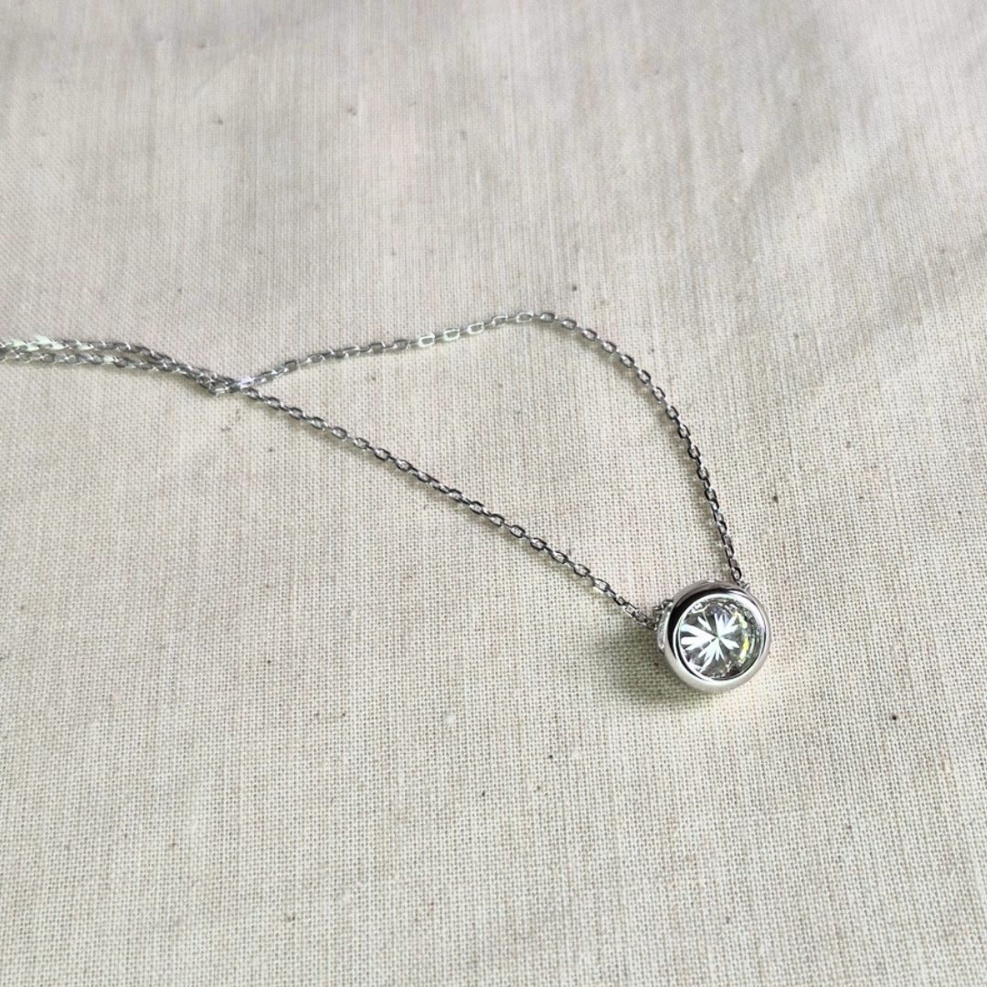 Moissanite Necklace plated in 18k White Gold — Moonlit Bezel Pendant