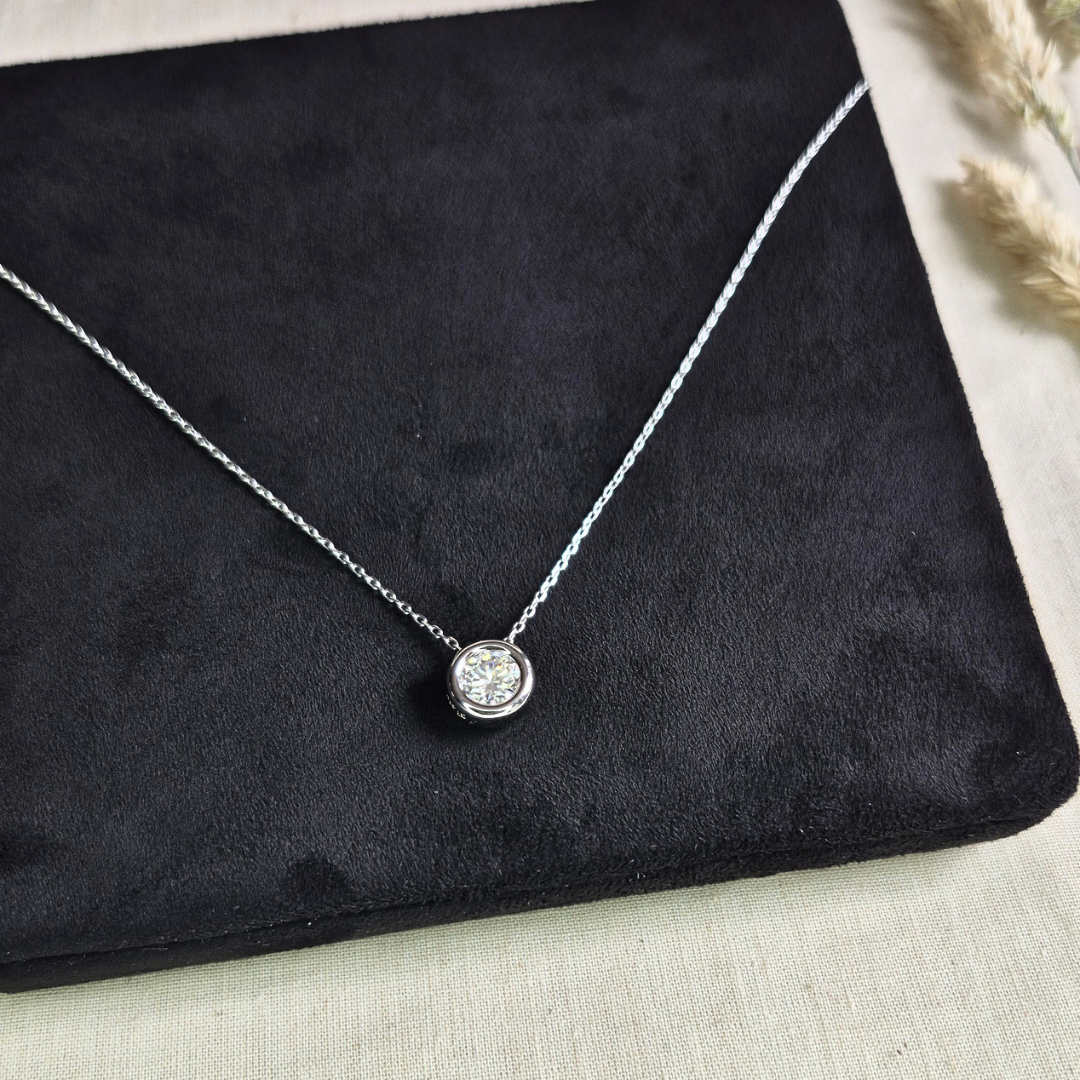 Moissanite Necklace plated in 18k White Gold — Moonlit Bezel Pendant