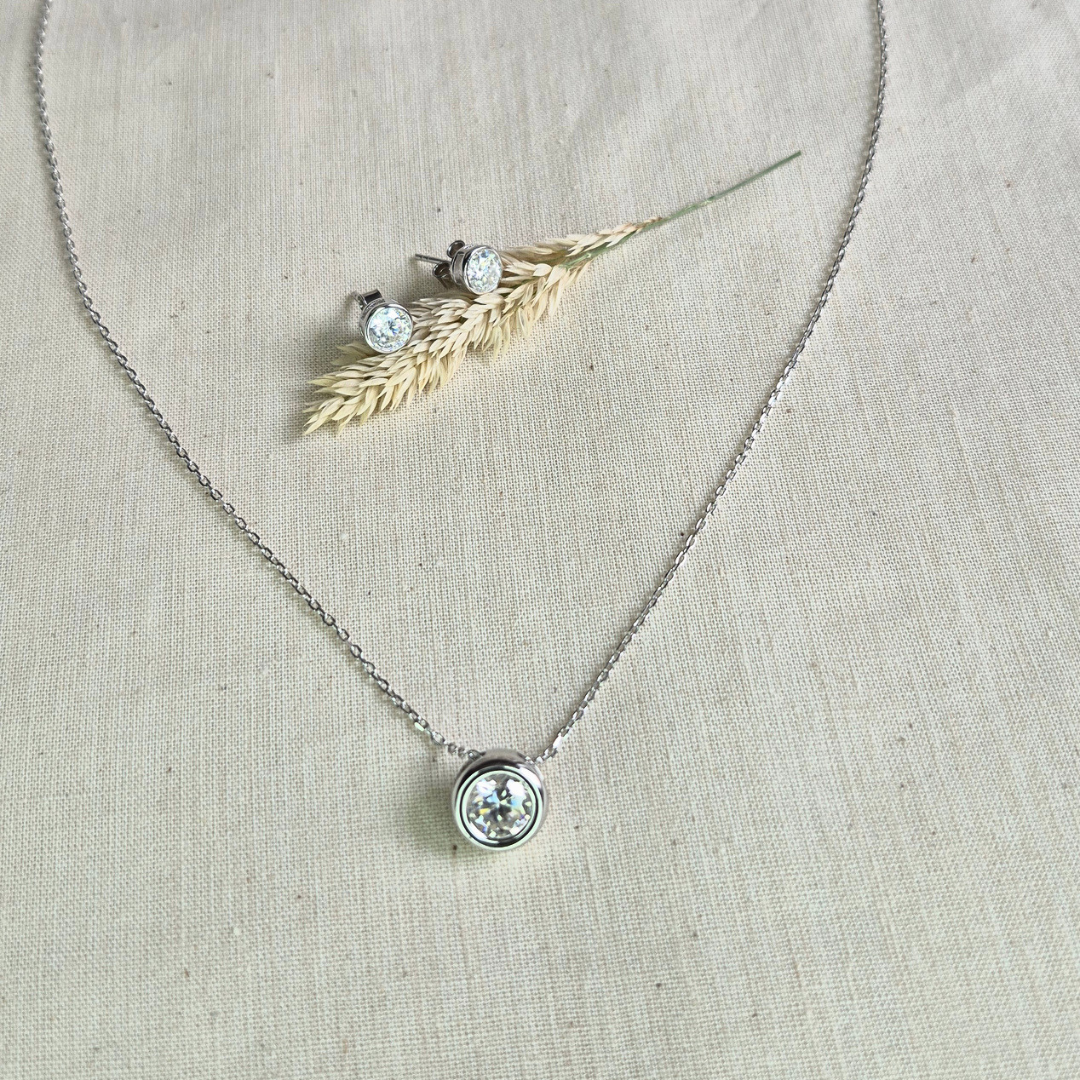 Moissanite Necklace plated in 18k White Gold — Moonlit Bezel Pendant