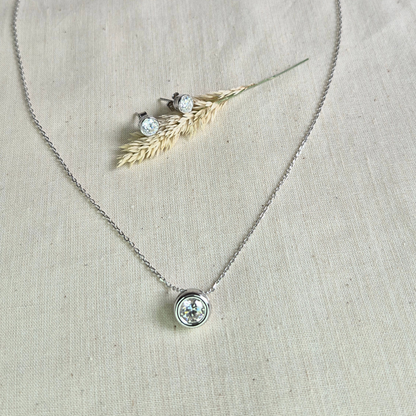 Moissanite Necklace plated in 18k White Gold — Moonlit Bezel Pendant