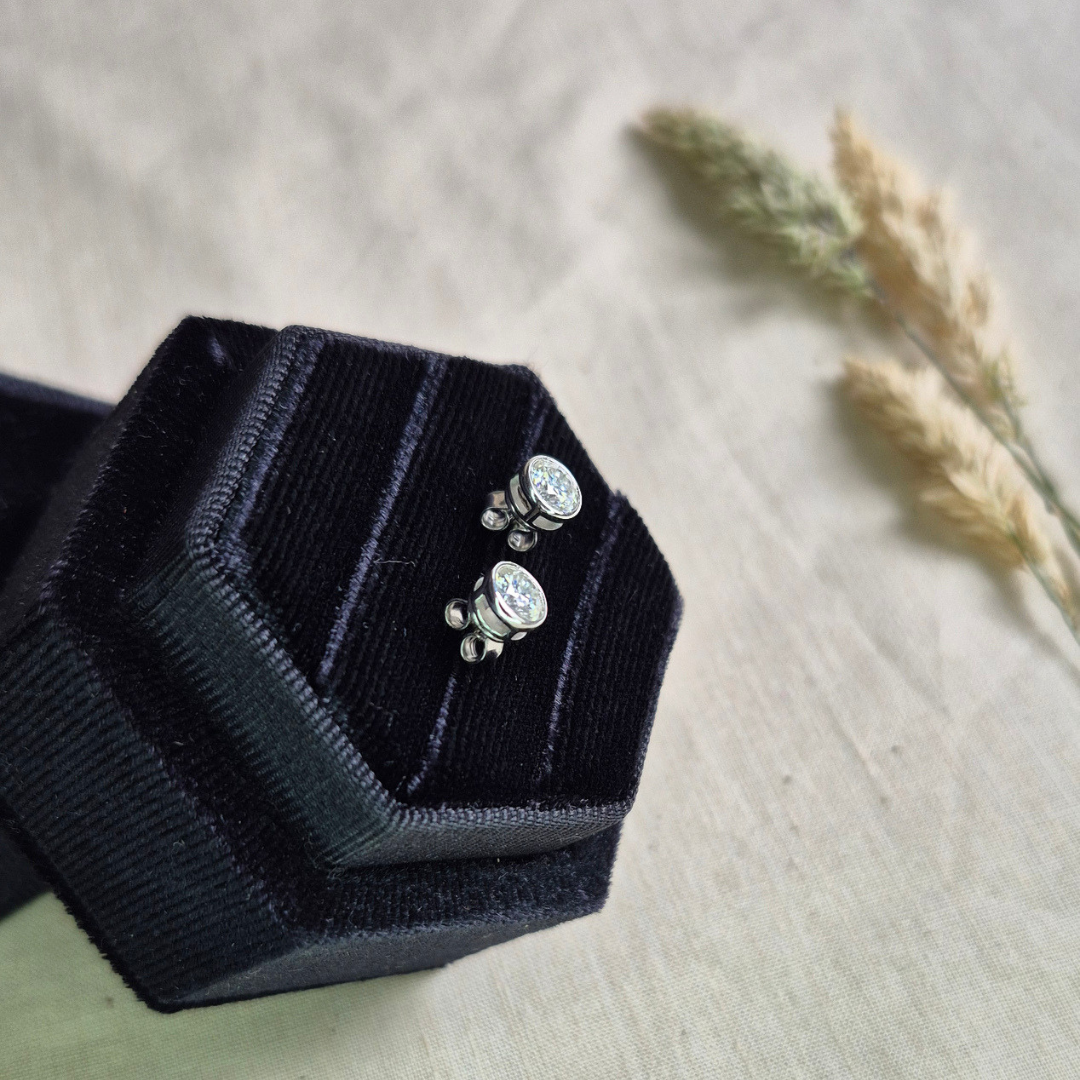 Moissanite Stud Earrings in 925 Silver - Moonlit Bezel Studs