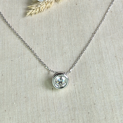 Moissanite Necklace plated in 18k White Gold — Moonlit Bezel Pendant