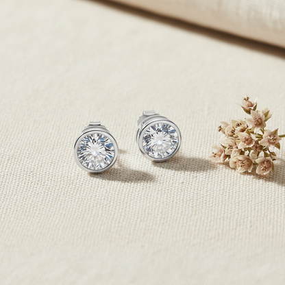 Moissanite Stud Earrings in 925 Silver - Moonlit Bezel Studs