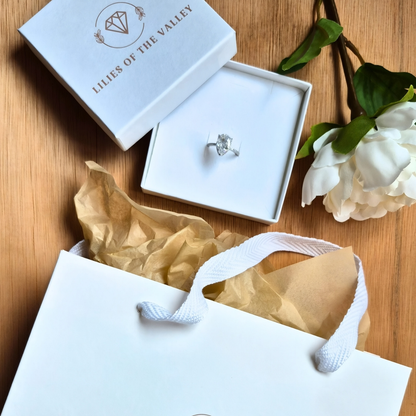 Pear cut pavé silver ring UK in luxury jewellery gift box and bag — eco-friendly packaging — Lilies of the Valley