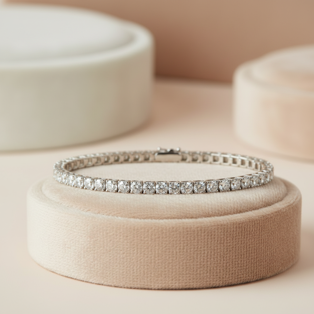 Moissanite tennis bracelet UK close up — Dewdrop Sparkle white gold plated 925 silver — Lilies of the Valley