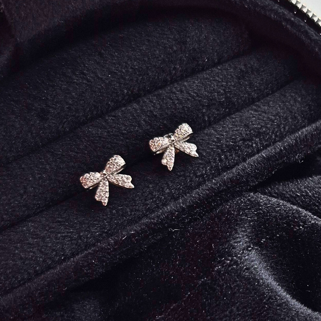 Diamond Blossom Bow - Sterling Silver Bow Stud Earrings