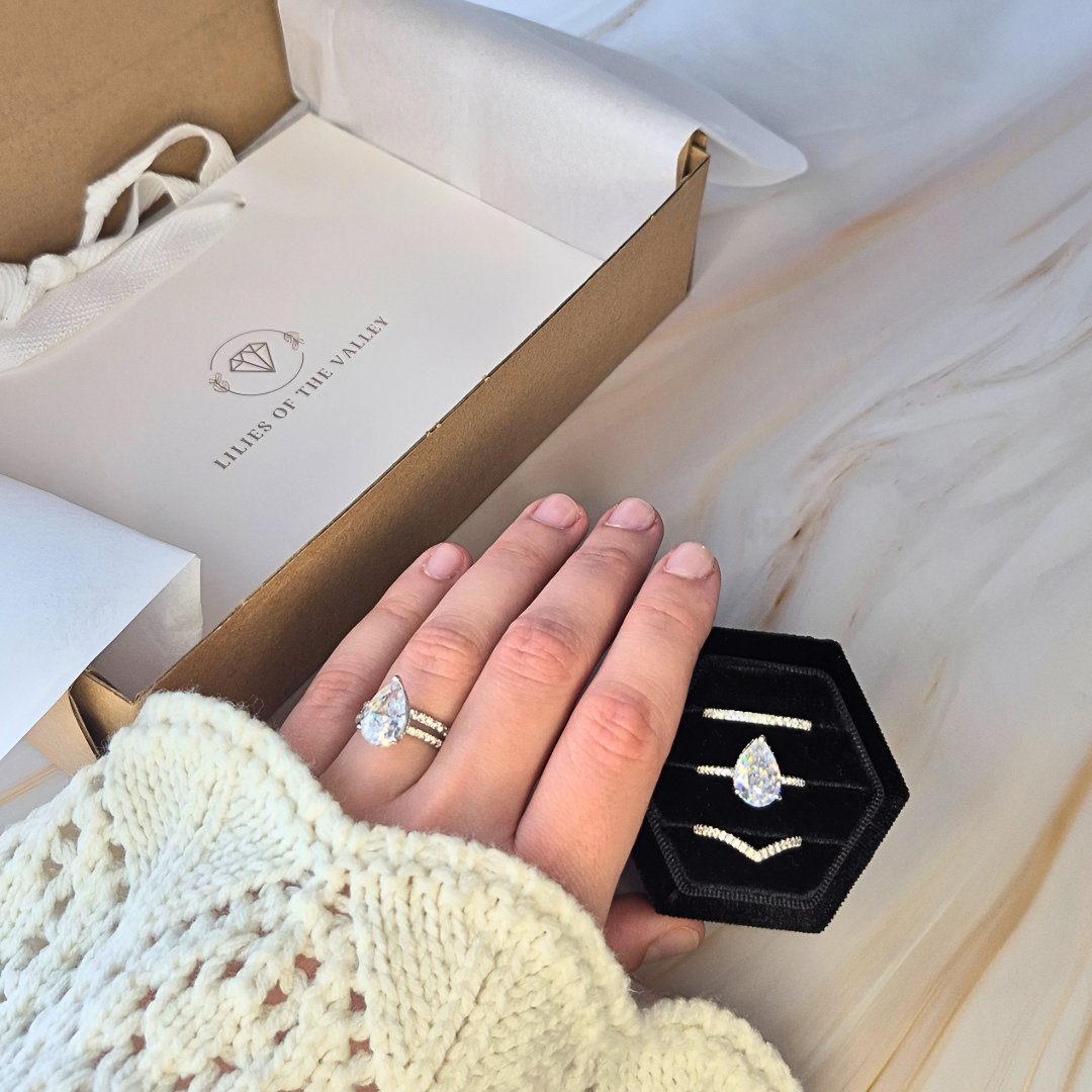 Pear cut pavé silver ring UK stacked with eternity and V-shaped eternity rings — CZ 925 sterling silver stacking rings — Lilies of the Valley