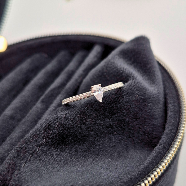 Petite pear cut pavé silver ring UK close up — Petite Dew CZ band in 925 sterling silver — Lilies of the Valley