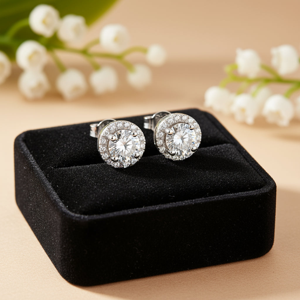 Rhodium Plated Moissanite Diamond Earrings