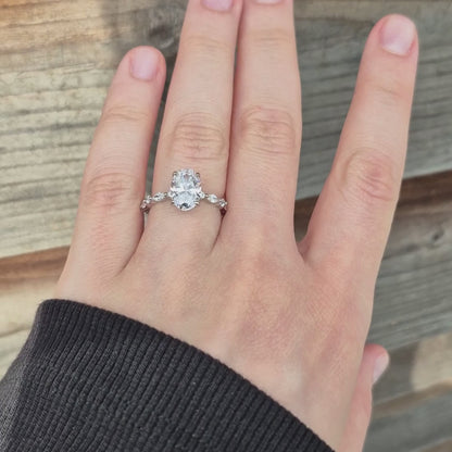 Silver Oval Engagement Ring with CZ - Lily Crown Ring