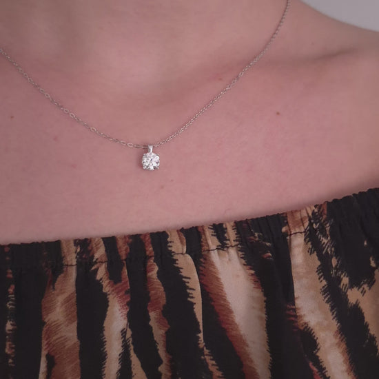 Model wearing the Dewdrop Glow sterling silver moissanite pendant necklace, showing drape and length, Lilies of the Valley UK