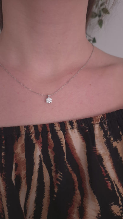Model wearing the Dewdrop Glow sterling silver moissanite pendant necklace, showing drape and length, Lilies of the Valley UK