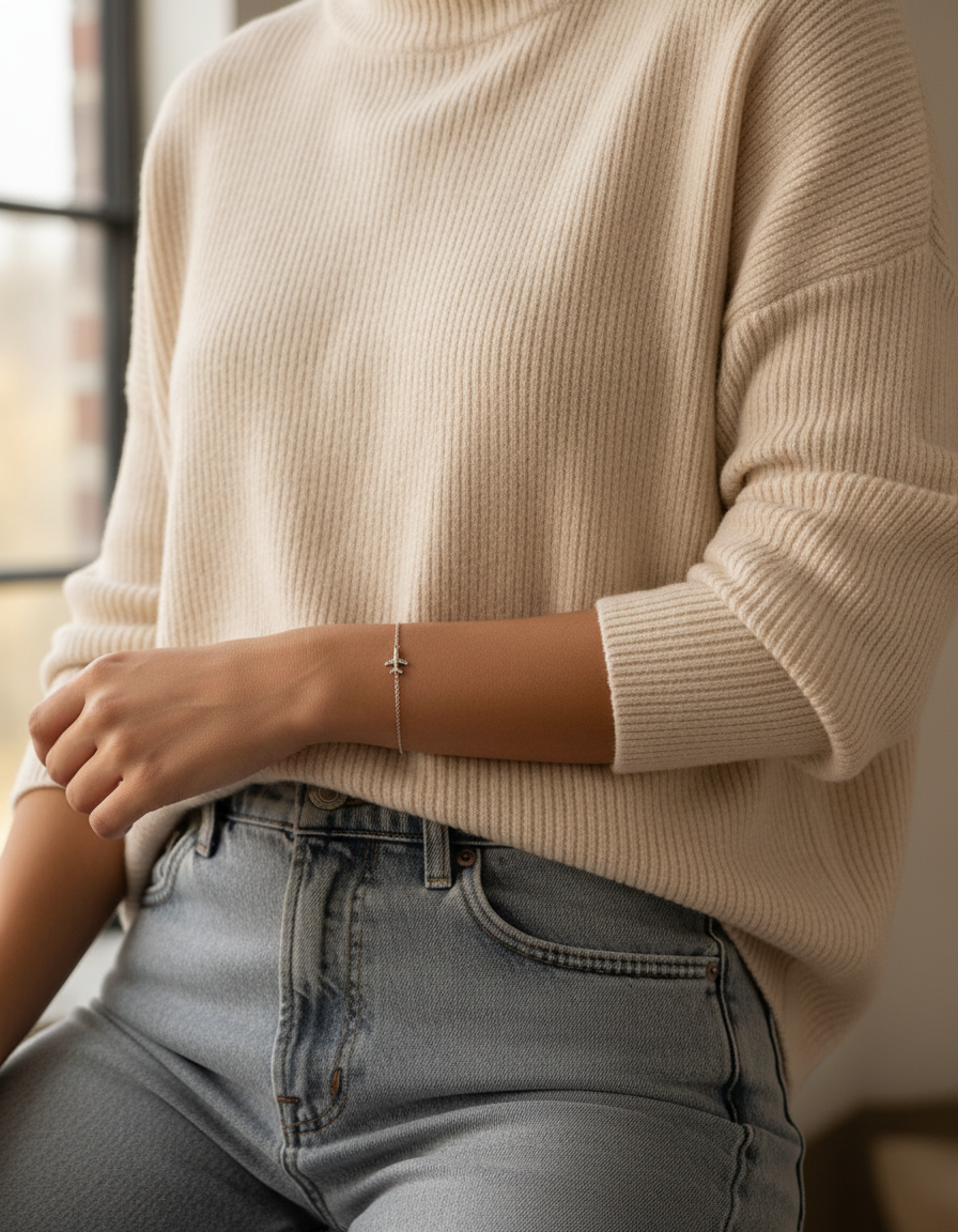 Travel Vine Bracelet - Sterling Silver Adjustable Chain with Airplane Charm